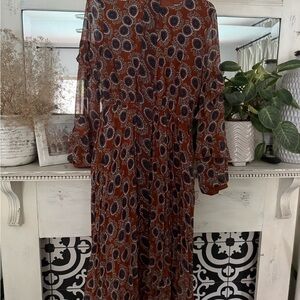 Rust Floral Long Sleeve Midi Dress